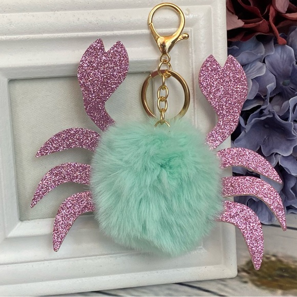 Blue Crab Pom Pom with Pink Glitter Claws Keychain Charm - Picture 7 of 12